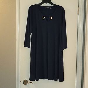 Nina Leonard Long Sleeve Dress, L, Navy Blue w/ Gold Buckle V-neck